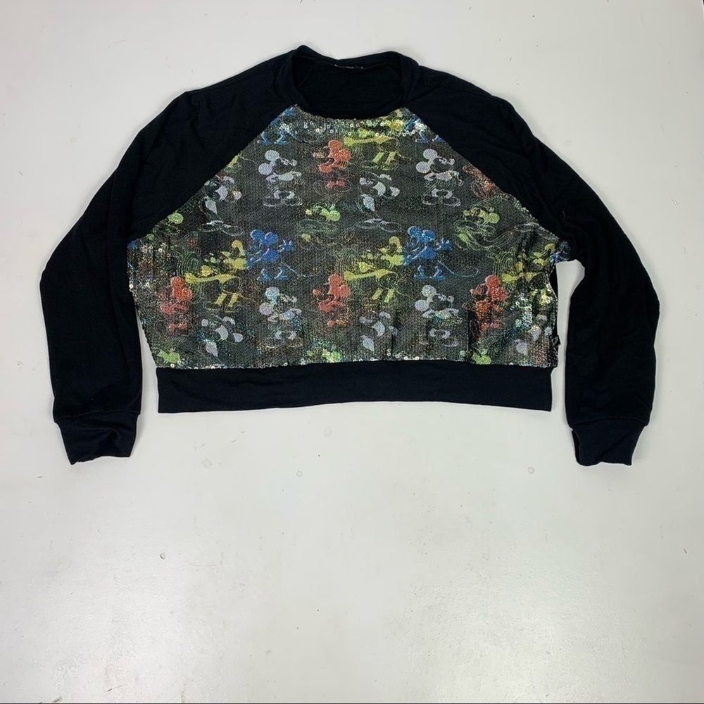 Disney Mickey Mouse Sequin Sweatshirt Crop Crewneck Women's Black Pullover